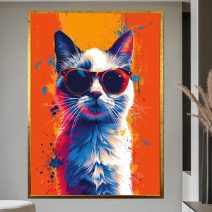 Cool Cat with Sunglasses Canvas Art Colorful Animal Wall Decor Funny Cat Lover Gift Art Pet Portrait Canvas