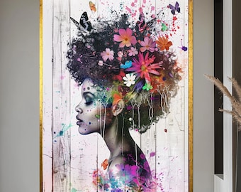 Floral Afro Woman Portrait, Modern African American Art Print