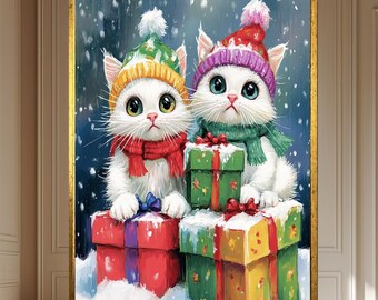 Christmas Cats Canvas Art, Winter Holiday Kitten Painting, Festive Nursery Decor