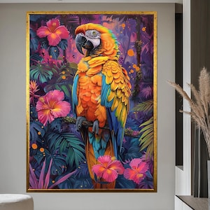 Parrot wall art,Parrot painting on canvas,Tropical bird canvas print,Macaw canvas painting,Parrot artwork for home,Exotic bird canvas print