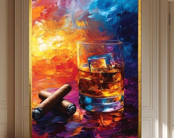 Whiskey and Cigar Wall Art, Luxury Bar Canvas Print, Abstract Oil Painting Wall Art, Modern Man Cave Decor, Colorful Whiskey Art