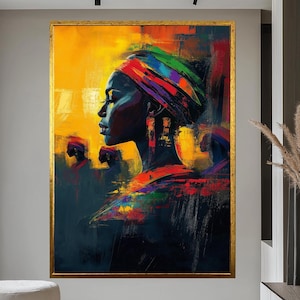 Afrikanische Frau Leinwand Kunst - Bunte Moderne Porträt Malerei oder Bunte Leinwand Kunst - Afrikanische Frau Silhouette Malerei