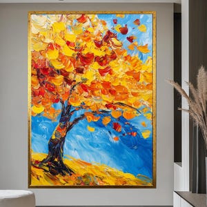 colorful autumn tree painting,impasto tree painting,thick texture acrylic painting,vibrant landscape wall art,modern impressionist tree