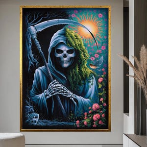 Toile d'art murale La Faucheuse - Oeuvre d'art faux mort Dark Fantasy avec fleurs et soleil