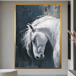 White Horse Canvas Wall Art - Modern Animal Print - Farmhouse Decor - Equestrian Gift - Large Horse Painting