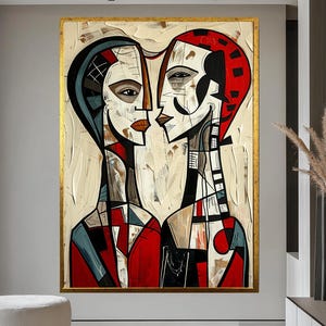 Abstract Couple Portrait Canvas Art - Cubist Style Modern Wall Decor
