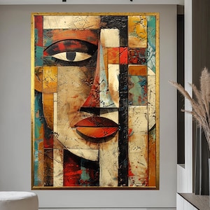 Abstract Colorful Face Canvas Wall Art - Modern Geometric Portrait Painting for Living Room Decor