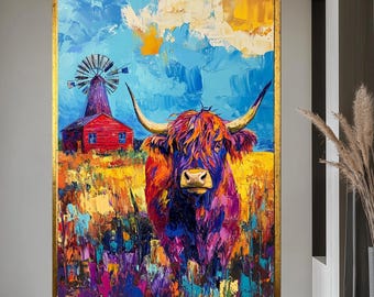 Abstract Longhorn Bull Canvas Painting, Farmhouse Wall Art