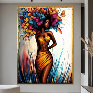African Woman Canvas Wall Art – Colorful Floral Afro Hair Portrait, Black Beauty Illustration, Vibrant Modern Decor for Living Room
