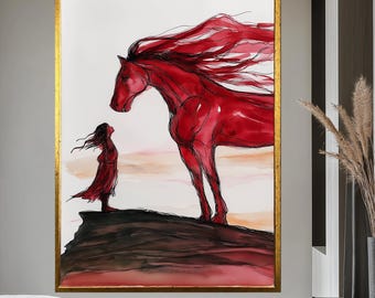 Red Horse and Girl Canvas Art, Modern Animal Print