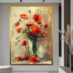 Red Poppy Flowers Canvas Wall Art, Modern Floral Painting Print, Large Botanical Artwork for Living Room Decor