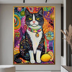 Colorful Psychedelic Cat Canvas Wall Art - Trippy Black and White Cat Print for Living Room Decor