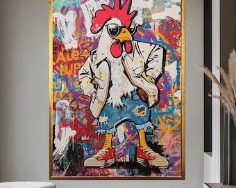 May include: Large framed artwork featuring a rooster in a white jacket, sunglasses, and ripped jeans. The rooster is standing in front of a colorful graffiti background. The artwork has a gold frame.