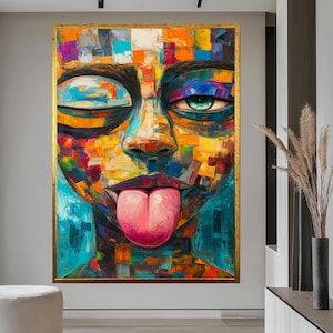 Colorful Abstract Face Art Print Modern Pop Art Portrait Vibrant Expressionist Wall Decor Contemporary Canvas Painting