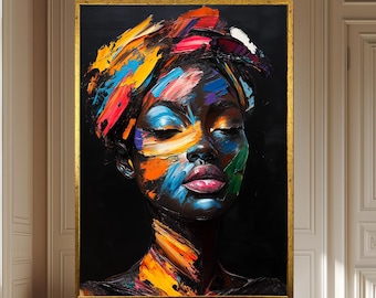 Abstract Afro Woman Portrait Canvas – Vibrant Colorful Painting