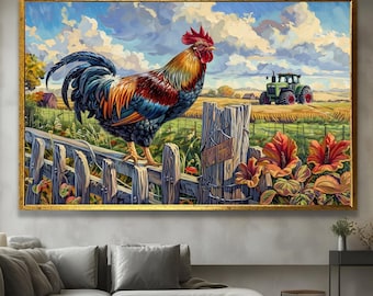 Colorful Rooster Canvas Art, Rustic Farmhouse Wall Decor