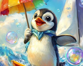 かわいいペンギンのキャンバスウォールアート - カラフルなボートと傘