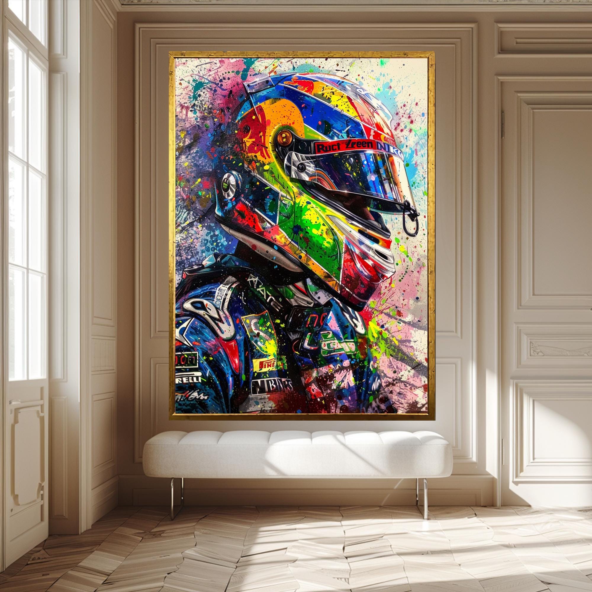 Motorsport Canvas Art – Colorful Racer Helmet, Splatter Painting