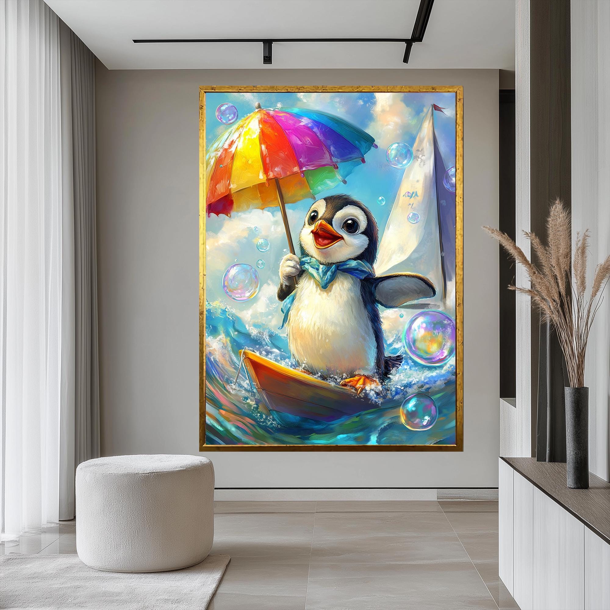 かわいいペンギンのキャンバスウォールアート - カラフルなボートと傘