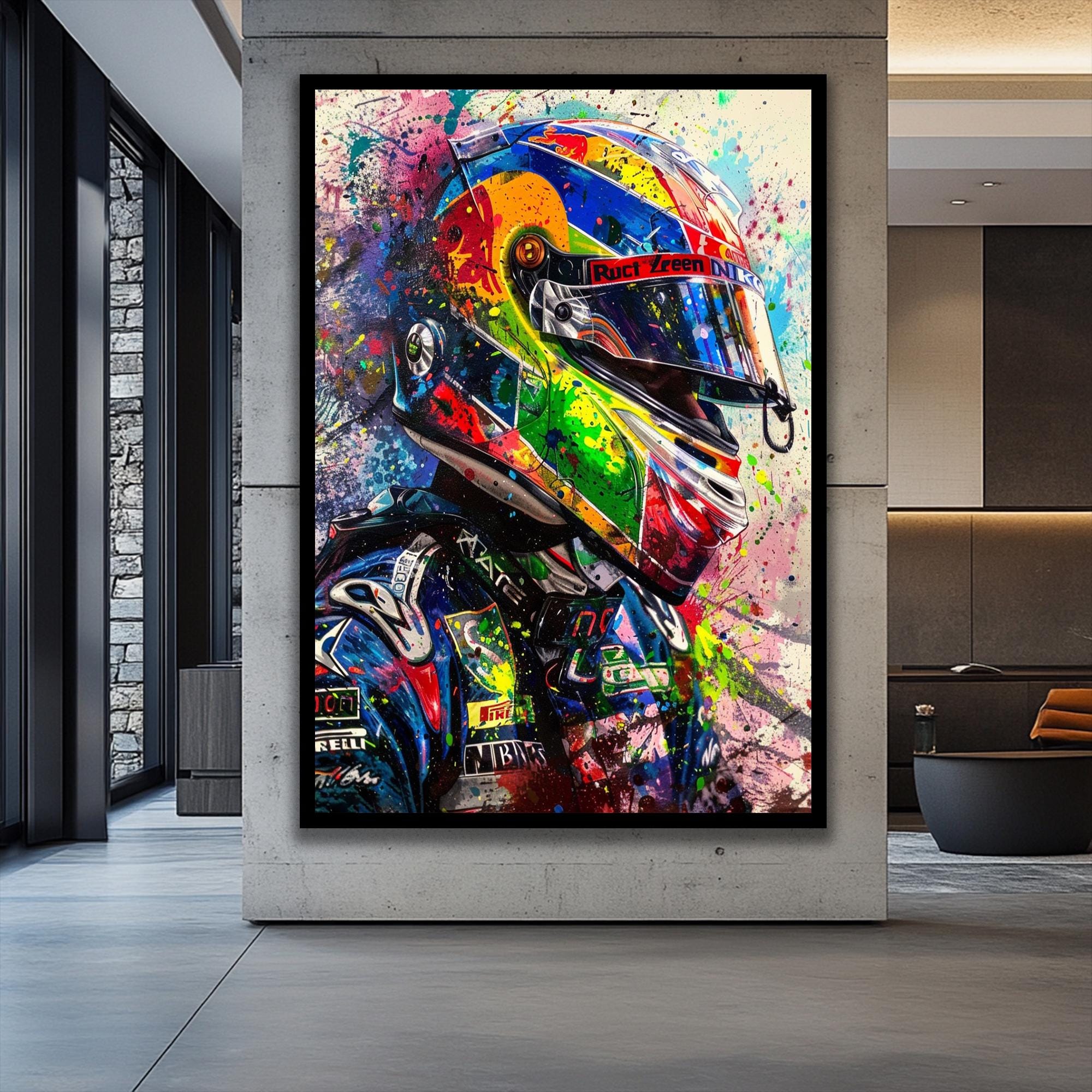 Motorsport Canvas Art – Colorful Racer Helmet, Splatter Painting