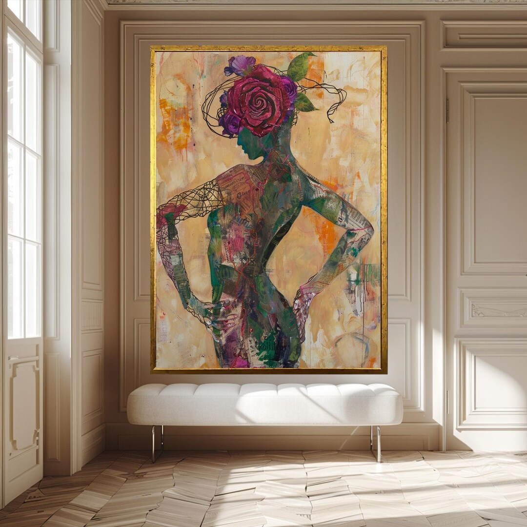 Abstract Floral Woman Wall Art, Rose Head Female Figure Canvas Print ...