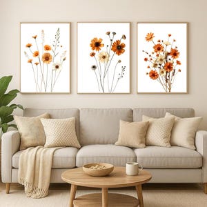 Botanical Wildflower Wall Art Set of 3 | Orange & Beige Daisy Flower Prints | Minimalist Triptych Art for Bedroom, Nursery, or Living Room