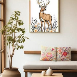 Wall Art Print Woodland Buck Deer Nature Nursery Decor with Wildflowers  Forest Animal Artwork
