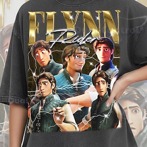 May include: Dark grey Comfort Colors Pepper t-shirt with a graphic of Flynn Rider from Tangled. The design features multiple images of the character with lightning bolt accents and the text "Flynn Rider" in gold.