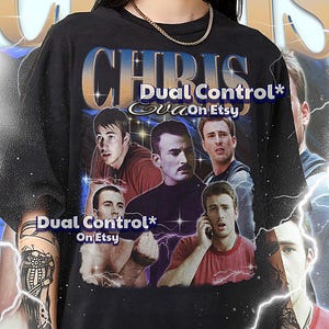 May include: Black t-shirt with a collage of images of Chris Evans. The shirt features the text "Dual Control*" and "Eva on Etsy".