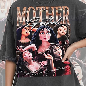 May include: Dark gray Comfort Colors pepper t-shirt featuring a graphic of Mother Gothel from the animated film Tangled. The design includes the word "MOTHER" in a copper-colored, stylized font, with "Gothel" in a cursive font.