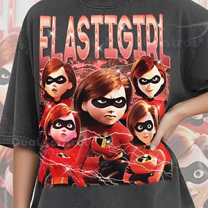 May include: Dark gray Comfort Colors t-shirt featuring a graphic of Elastigirl from The Incredibles. The design includes multiple images of Elastigirl in her red and black superhero suit, with the word "ELASTIGIRL" in a red, distressed font.