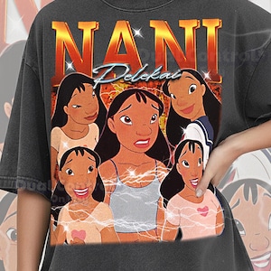 May include: Dark gray Comfort Colors t-shirt featuring a graphic of the character Nani from the animated film Lilo & Stitch. The graphic includes the text "NANI" in orange and "Delekai" in blue, along with multiple images of the character.