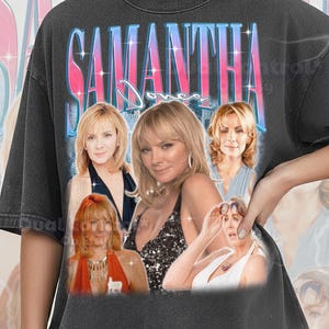 May include: Dark grey Comfort Colors t-shirt with a retro graphic of the name "Samantha" and images of a woman. The shirt has a vintage, distressed appearance, with the words "Comfort Color Pepper" at the bottom.