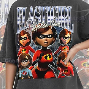 May include: Dark gray Comfort Colors pepper t-shirt featuring a graphic of the character Elastigirl from The Incredibles. The design includes the text "ELASTIGIRL" and "Helen Parr" with multiple images of the character in her superhero suit.