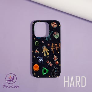 May include: A black phone case with a colourful pattern featuring cartoon characters, stars, and other whimsical designs. The word "HARD" is printed in white on the bottom right. The case has a cutout for the camera and buttons.