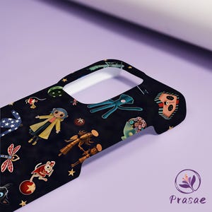 May include: Black phone case with a repeating pattern of cartoon characters and stars. The case has a curved design and a camera cutout. The design includes a girl in a yellow coat, a blue creature, and other whimsical figures.