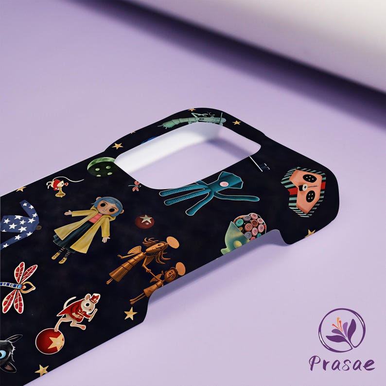 May include: Black phone case with a repeating pattern of cartoon characters and stars. The case has a curved design and a camera cutout. The design includes a girl in a yellow coat, a blue creature, and other whimsical figures.