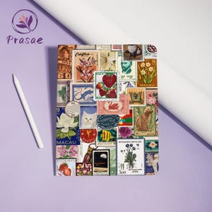 May include: A square, multi-colored tablet case covered in a collage of vintage postage stamps. The stamps feature images of flowers, animals, and portraits. A white stylus pen rests on the left side of the case.