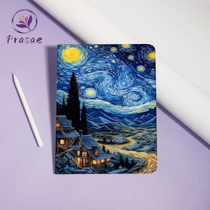 May include: A notebook with a print of Van Gogh's "Starry Night". The cover shows a swirling night sky, a crescent moon, and a village with lit houses. A white stylus and the "Prasae" logo are visible.