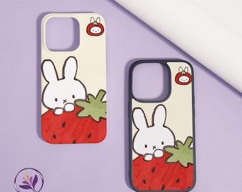 Cute Strawberry Bunny iPhone Case for iPhone 16/15/14Pro Max,iPhone15/14/13/12 Mini,iPhone 14/15 Plus,iPhoneXR,Soft or Hard Shell Phone Case