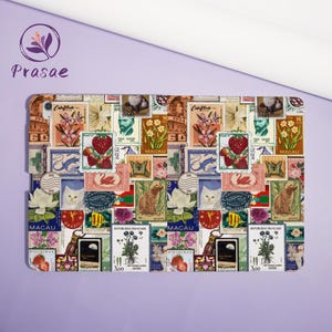 May include: A tablet case featuring a collage of vintage postage stamps. The stamps showcase various designs, including flowers, strawberries, cats, and portraits. The case has a purple background and the brand name "Prasae" is visible.
