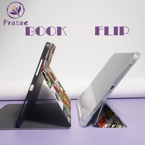 May include: Two tablet cases, one black and one clear, are displayed in a side-by-side arrangement. The black case is open, revealing a colorful patterned interior. The clear case is closed, showcasing the tablet screen. The word "BOOK" and "FLIP" are printed above the cases.