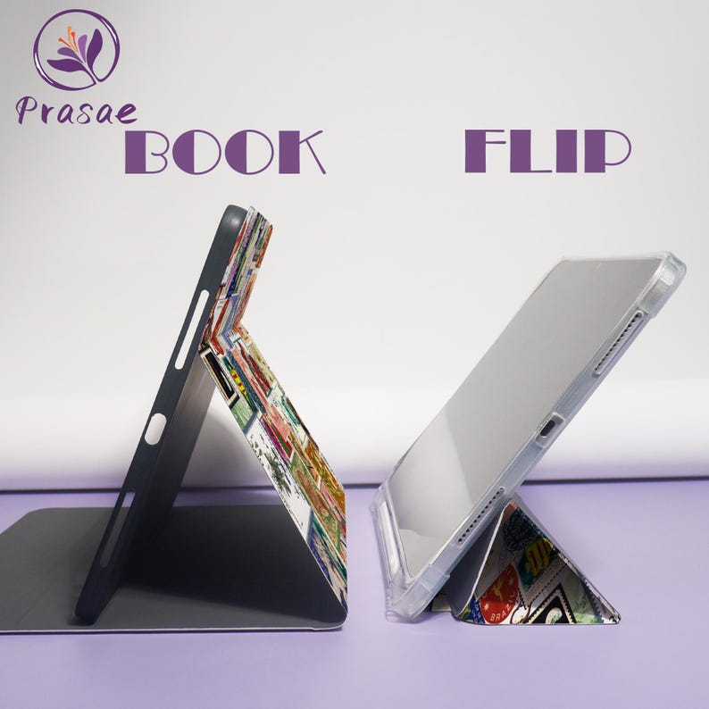 May include: Two tablet cases, one black and one clear, are displayed in a side-by-side arrangement. The black case is open, revealing a colorful patterned interior. The clear case is closed, showcasing the tablet screen. The word "BOOK" and "FLIP" are printed above the cases.