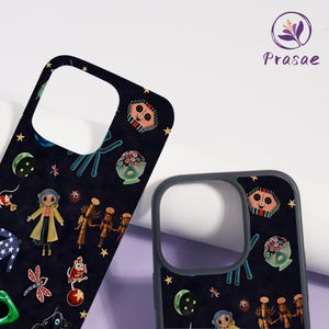 May include: Two black phone cases featuring a repeating pattern of cartoon characters, stars, and other whimsical elements. The cases have a dark grey border and a camera cutout. The Prasae logo is in the upper right corner.