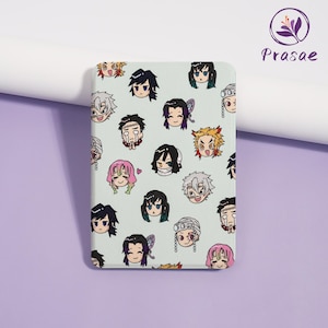 May include: A light green rectangular case featuring a repeating pattern of cartoon character faces with various hairstyles and expressions. The case has a white border and the brand name "Prasae" in purple script.