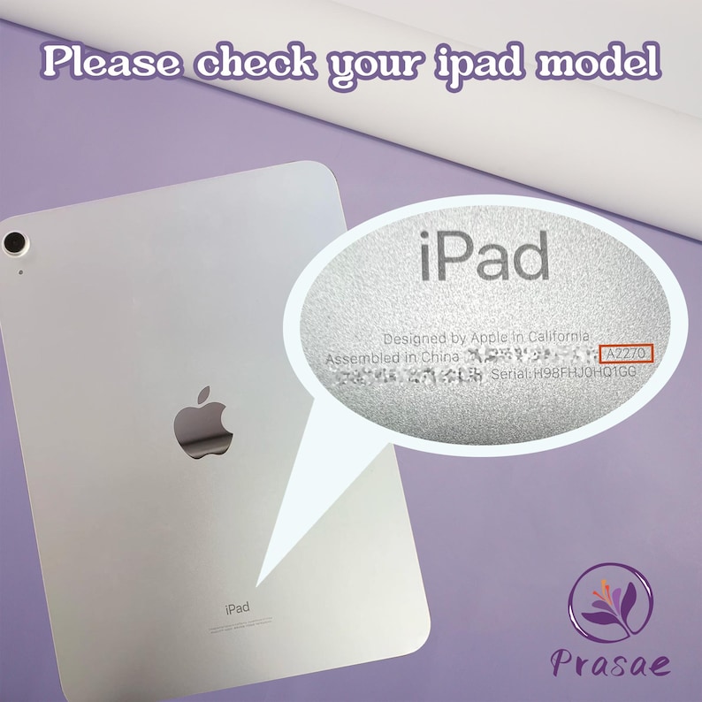 May include: Silver iPad with the Apple logo. The image includes a close-up of the iPad's back, highlighting the model number A2270. Text at the top says, "Please check your ipad model."