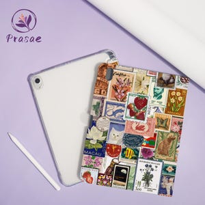 May include: A clear iPad case with a colorful cover featuring a collage of vintage postage stamps. The stamps depict various images, including flowers, fruit, animals, and portraits. A white stylus and iPad are also visible.