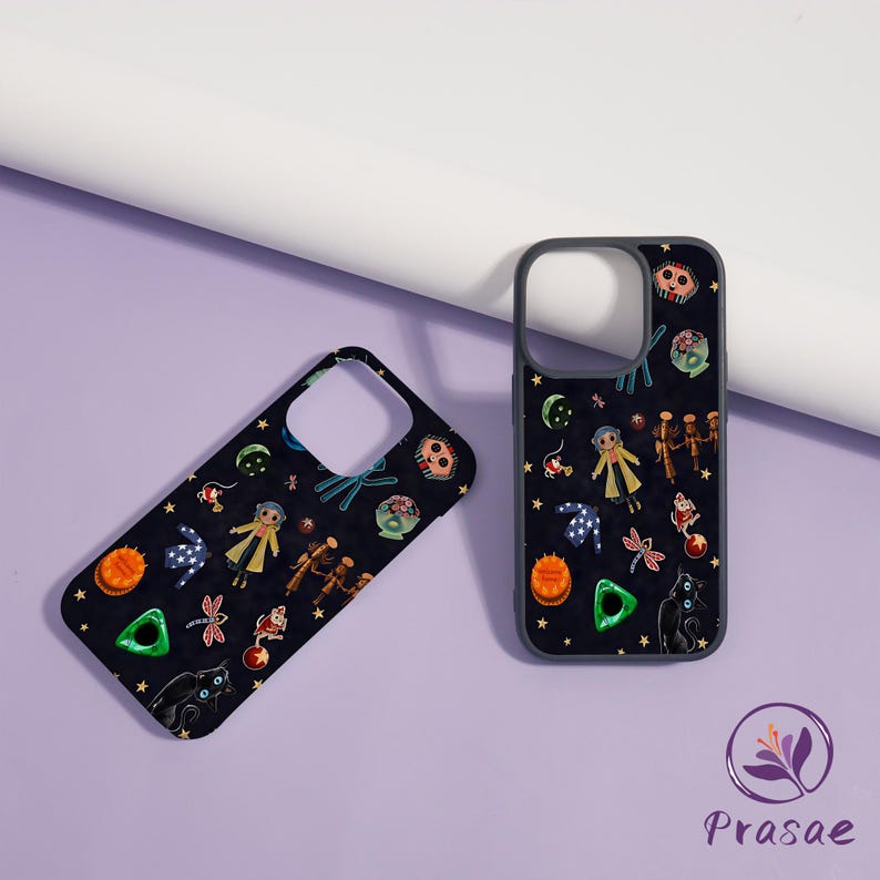May include: Two black phone cases featuring a repeating pattern of cartoon characters, insects, and other objects. The cases have a dark grey border and are set against a light purple background.