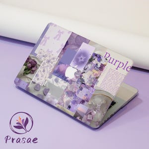 May include: A laptop with a purple collage design. The design includes images of flowers, bows, and text that says "Purple". The laptop is on a light purple surface. The brand logo "Prasae" is visible.