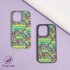May include: Two phone cases featuring a repeating pattern of the Mystery Machine van from Scooby-Doo, with characters Scooby-Doo, Shaggy, Fred, Daphne, and Velma visible inside the green van. The cases have a camera cutout and a dark border.
